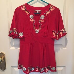 Nanette Lepore red silk embroidered top size 0